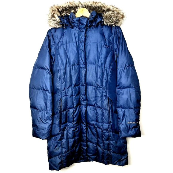 Eddie Bauer Womens Parka Goose Down Puffer Jacket Faux Fur Hood Blue Medium - Picture 1 of 16